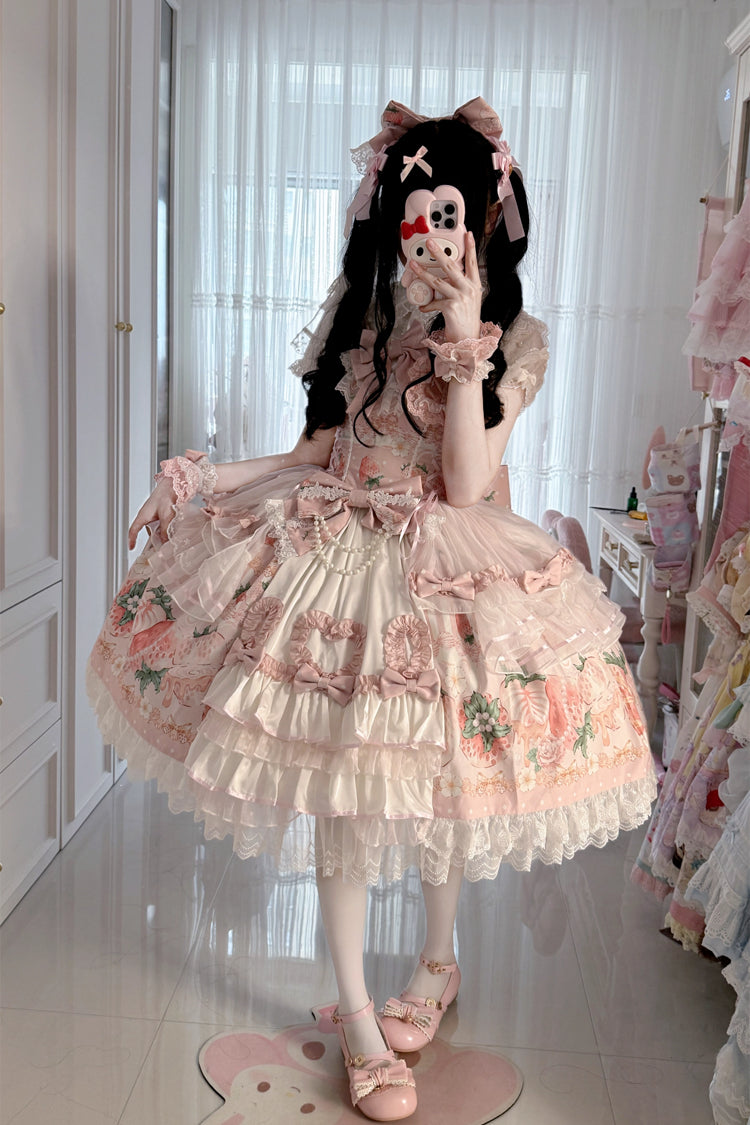 Pink [Berry Sweet Wish] Square Collar Printed Ruffled Open-Front Bow Lace Pearl-Decorated Sweet Lolita Jsk Dress Set - Product - 7