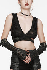 Black Leather Stitching Snake Pattern Lace Mesh Women's Steampunk Arm Sleeves - Black - 1