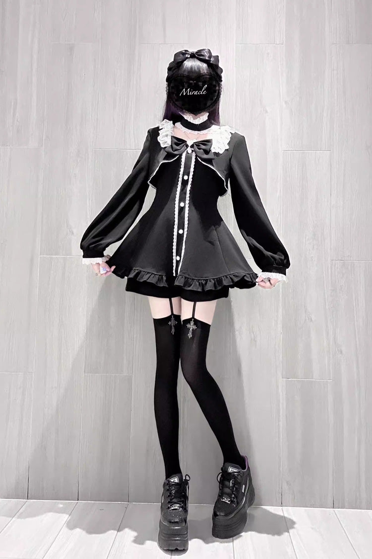 Black [Twilight Prelude] Long Sleeves Ruffled Bow Lace Jirai Kei Japanese Dress and Shorts Set - Product - 2