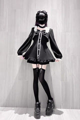 Black [Twilight Prelude] Long Sleeves Ruffled Bow Lace Jirai Kei Japanese Dress and Shorts Set - Product - 2