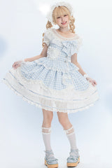 Blue [Tea Break Sweetheart] Short Sleeves Multi-Layered Plaid Print Ruffle Sweet Lolita Dress - Product - 3