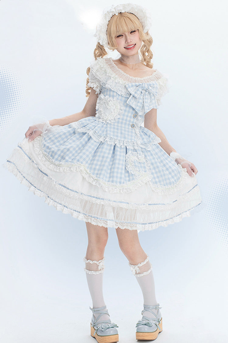 Blue [Tea Break Sweetheart] Short Sleeves Multi-Layered Plaid Print Ruffle Sweet Lolita Dress - Product - 3