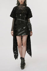 Black Ripped Buckle Hollow Irregular Womens Steampunk Blouse Cardigan - Black - 1