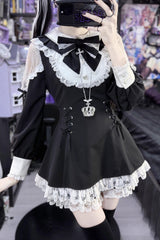 Black/White [Divine love] Long Sleeves Hollow Bowknot Lace Lace-Up Sweet Jirai Kei Dress Shorts Set - Product - 8