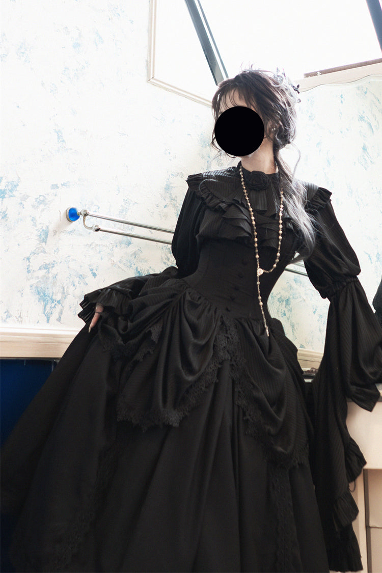 Black [Sleepwalking] Long Hime Sleeves Stitching Lace Plus Size Gothic Elegant Lolita Skirt Set - Product - 7