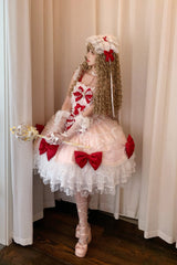 Red/Pink [Flower Dream Isle] Square Collar Multi-Layered Ruffled Bow Lace Sweet Lolita Jsk Dress - Product - 7