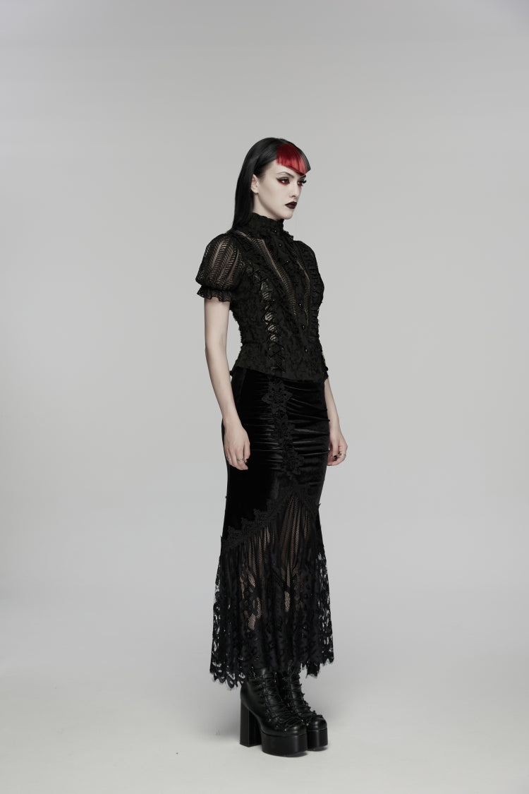 Black Embroidered Lace Slim Women's Gothic Fishtail Velvet Skirt - Product - 2