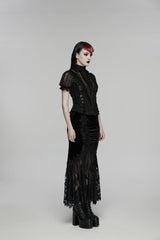 Black Embroidered Lace Slim Women's Gothic Fishtail Velvet Skirt - Product - 2