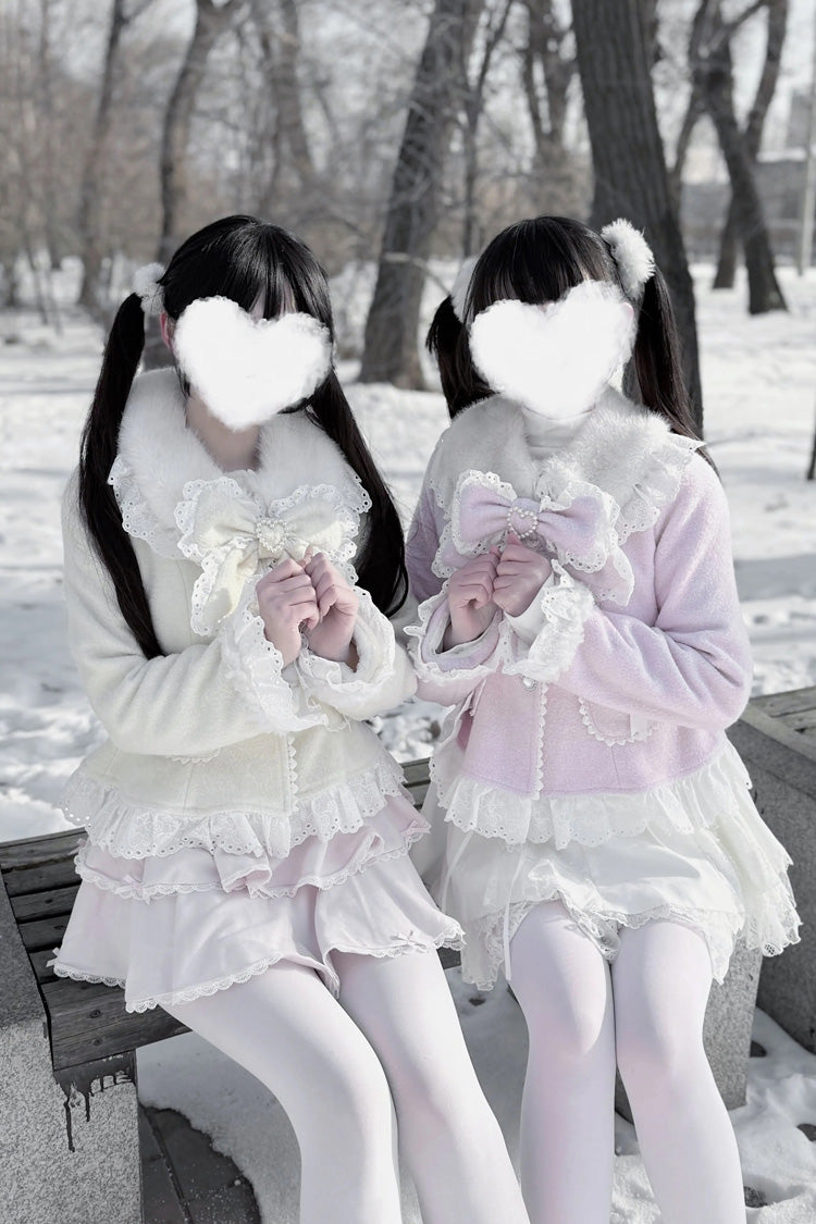 [Diamond Strawberry] Long Sleeves Bow Lace Pearl-Decorated Sweet Jirai Kei Lolita Coat 3 Colors - Product - 12