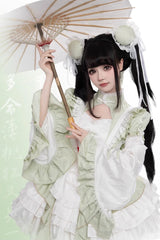 Green Long Trumpet Sleeves Ruffle Bowknot Lace Sweet Chinese Style Lolita Jsk Dress Set - Product - 6