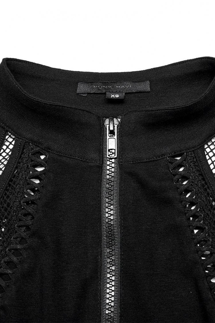 Black Off Shoulder Hollow Stitching Slim Mesh Womens Steampunk Vest - Product - 6