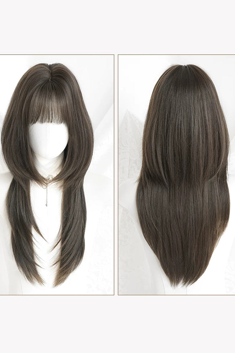 Cool Brown Japanese Style High Layers Hime Cut Long Straight Sweet Lolita Wig - Product - 6