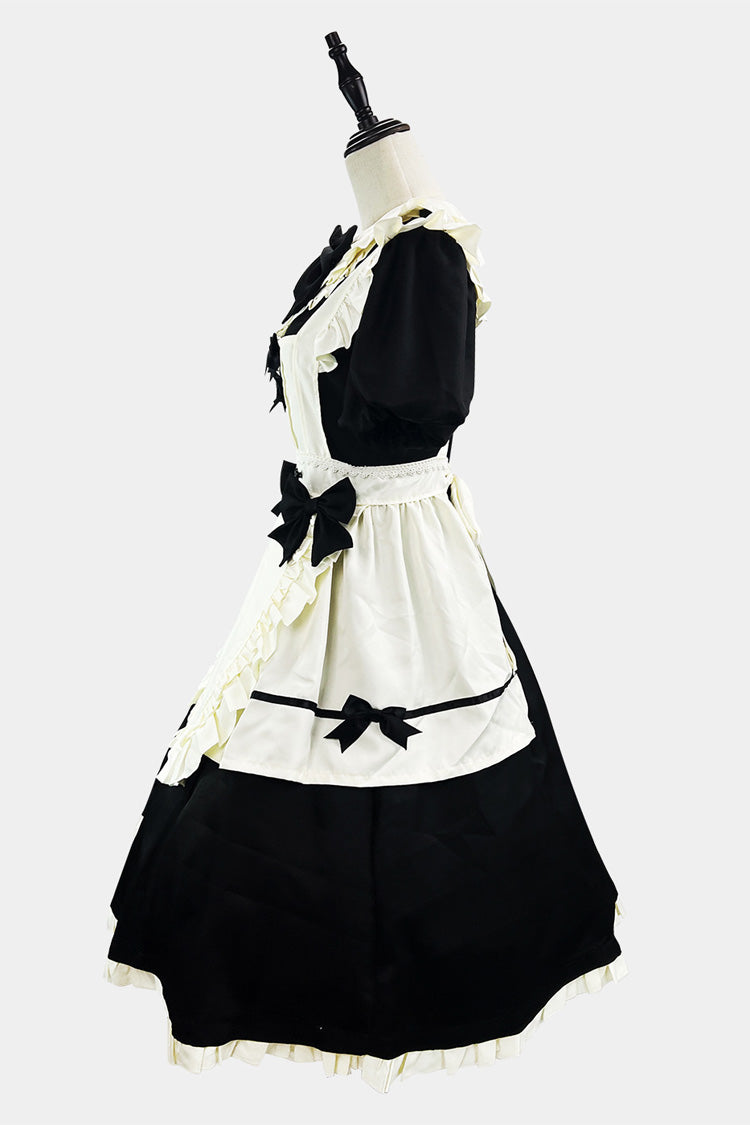 Black/White Short Sleeves Ruffle Bowknot Lace Plus Size Sweet Maid Long Lolita Dress - Product - 2
