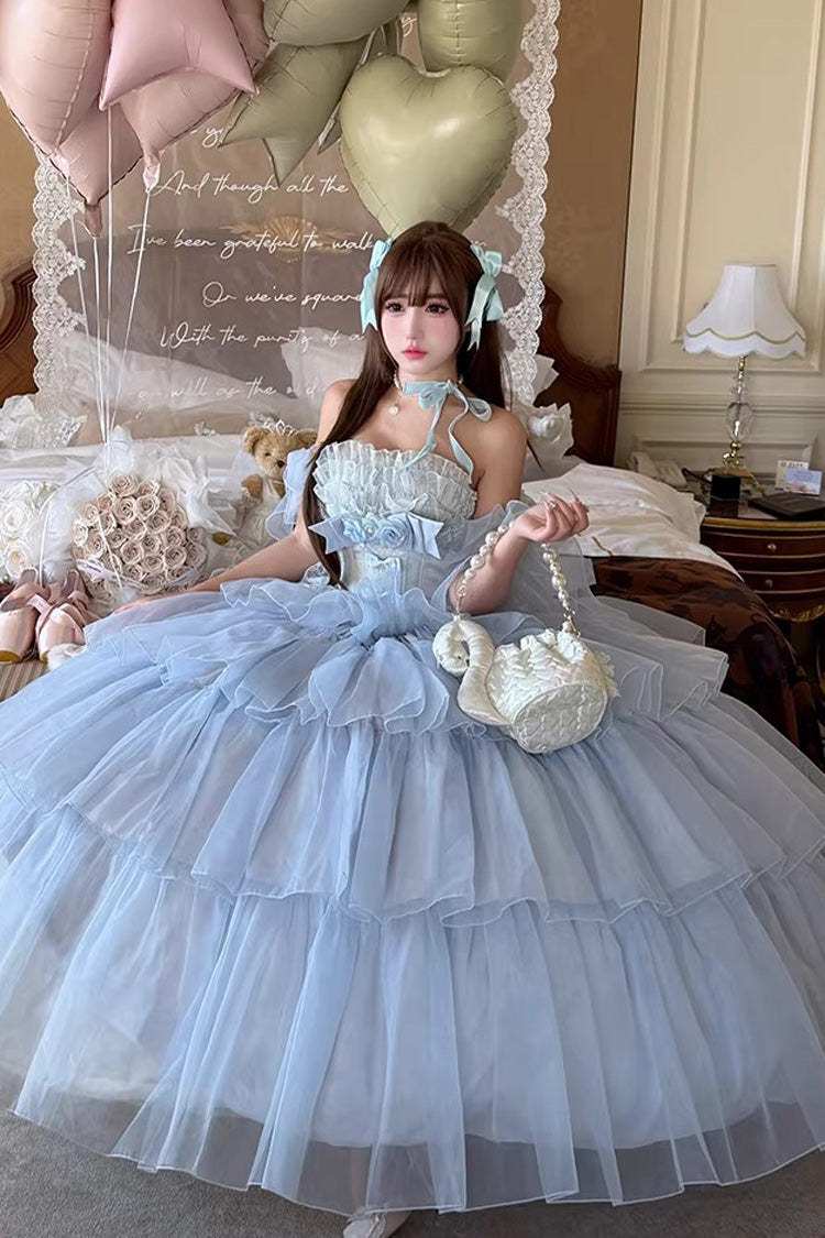 Blue [Mousse Love Song] Sleeveless Multi-Layered Ruffled Hanayome Bow Sweet Lolita Dress - Product - 5