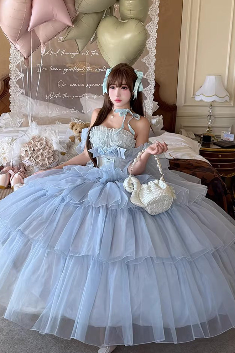 Blue [Mousse Love Song] Sleeveless Multi-Layered Ruffled Hanayome Bow Sweet Lolita Dress - Product - 5