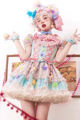 Pink [Sugar Magic] Print Ruffle Bowknot Lace Lace-Up Sweet Lolita Dress - Pink - 1