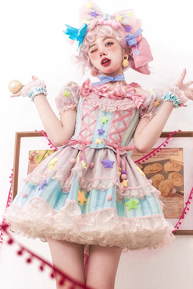 Pink [Sugar Magic] Print Ruffle Bowknot Lace Lace-Up Sweet Lolita Dress - Pink - 1