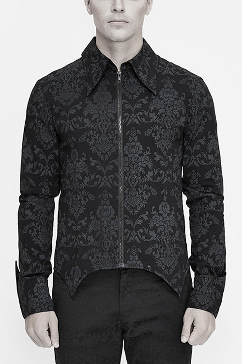 Black Folding Cuffs Palace Printed Zipper Mens Gothic Blouse - Black - 1