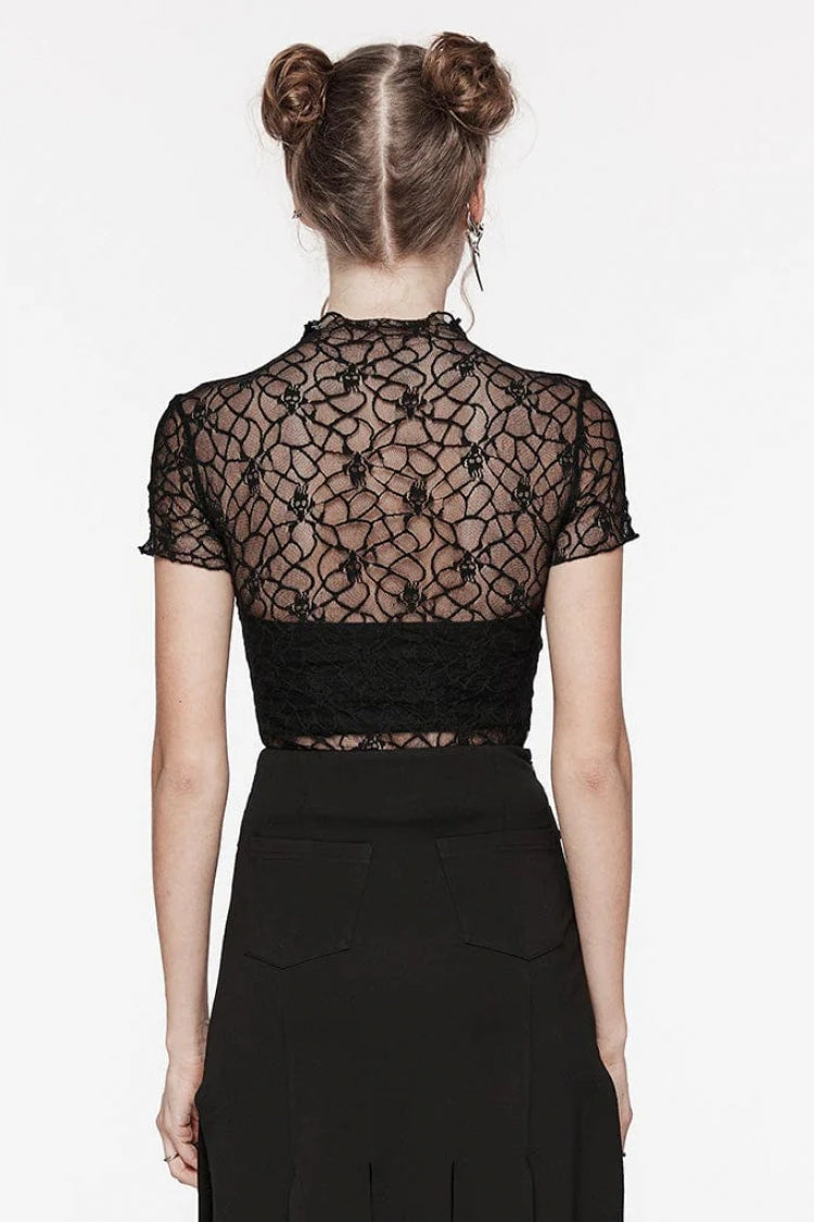 Black Round Collar Short Sleeves Hollow Mesh Women's Gothic Top - Product - 3