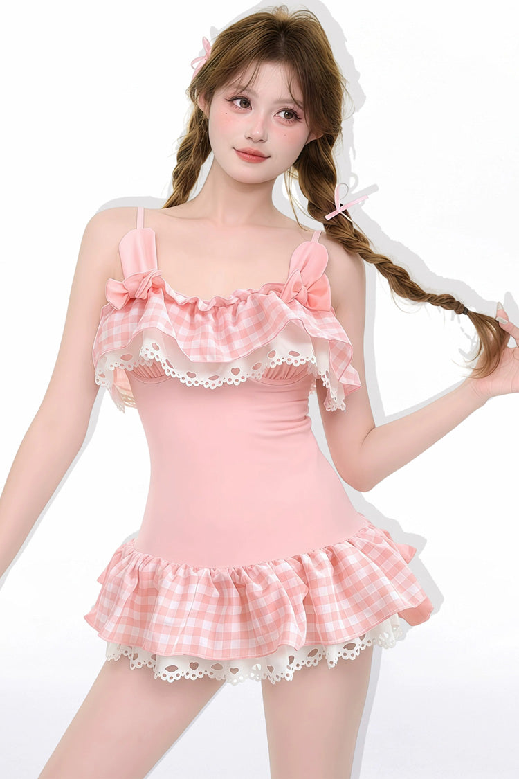 Black Sleeveless Printed Ruffled Bow Lace Lolita Swimsuit - Pink - 9