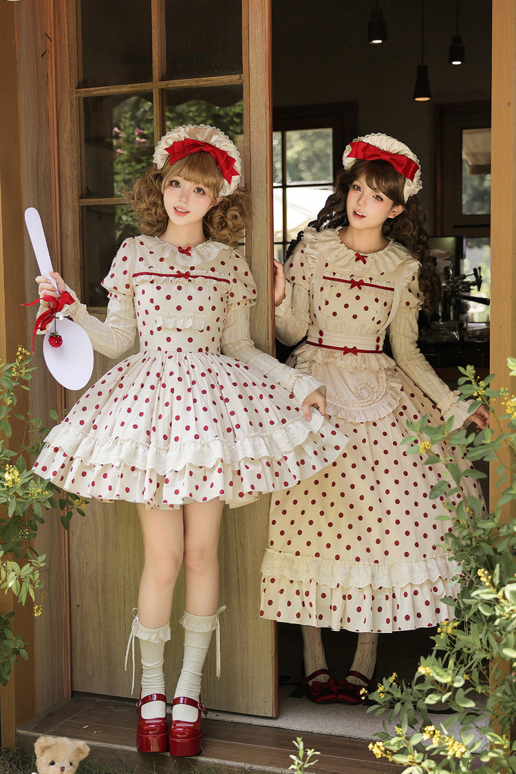 Apricot [Lollipop] Cotton Round Collar Long Lantern Sleeves Polka Dot Printed Ruffled Bow Lace Sweet Elegant Lolita Dress 2 Versions - Product - 2