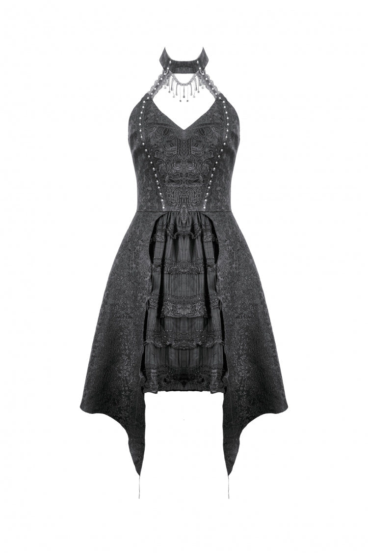 Black Off Shoulder Halterneck Sleeveless Lace Lace-Up Women's Gothic Party Dress - Product - 3
