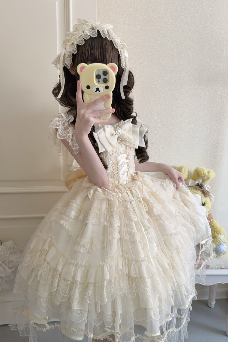 Apricot [Eternal Vow] Sleeveless Multi-Layered Ruffle Hanayome Bowknot Lace Lace-Up Sweet Lolita Jsk Dress - Product - 5