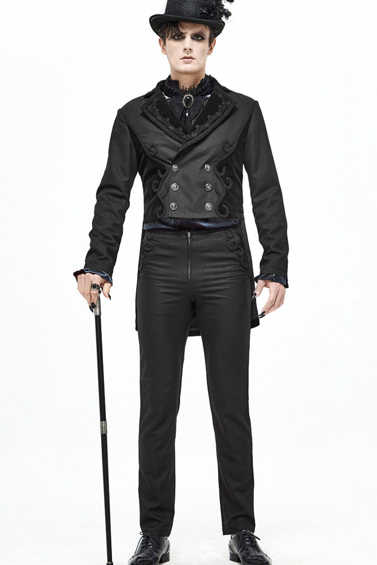 Black Retro Velveteen Front Floral Webbing Metal Button Weft Swallowtail Men's Gothic Coat - Product - 2