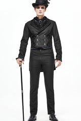 Black Retro Velveteen Front Floral Webbing Metal Button Weft Swallowtail Men's Gothic Coat - Product - 2