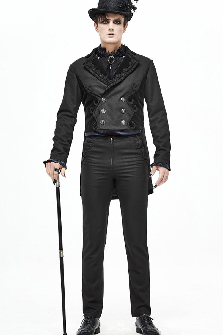 Black Retro Velveteen Front Floral Webbing Metal Button Weft Swallowtail Men's Gothic Coat - Product - 2