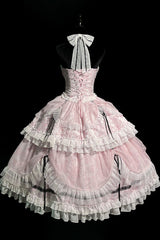 Pink Cross Halterneck Ruffle Bowknot Lace Lace-Up Princess Sweet Lolita Dress - Product - 10