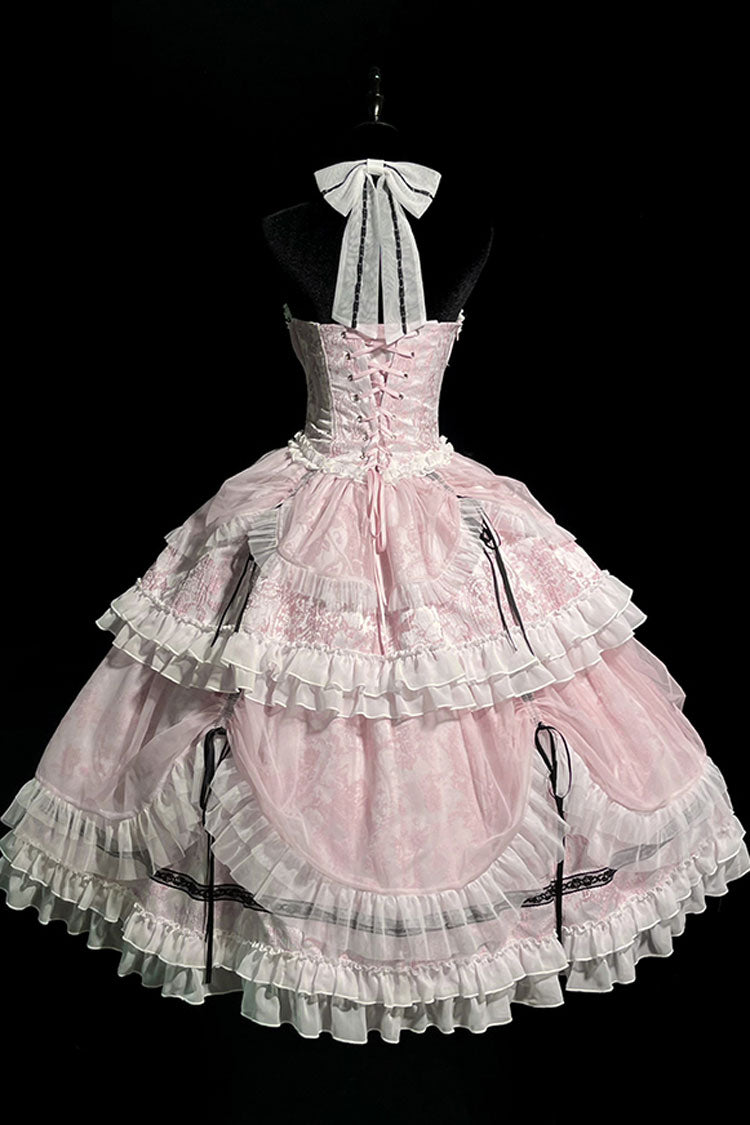 Pink Cross Halterneck Ruffle Bowknot Lace Lace-Up Princess Sweet Lolita Dress - Product - 10