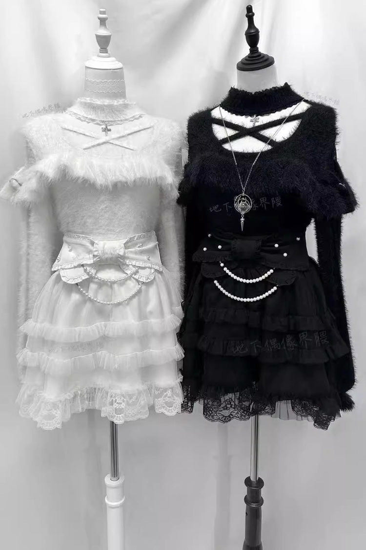 Pearl Ruffle Bowknot Lace Sweet Jirai Kei Skirt 2 Colors - Black - 1