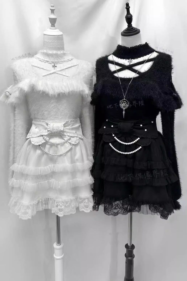 Pearl Ruffle Bowknot Lace Sweet Jirai Kei Skirt 2 Colors - Black - 1