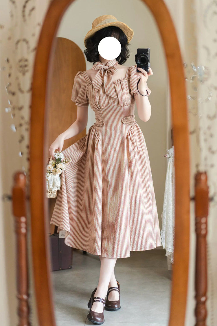 Red [Chantilly Forest] Square Collar Short Sleeves Striped Printed Ruffled Classic Vintage Elegant Lolita Dress - Product - 4