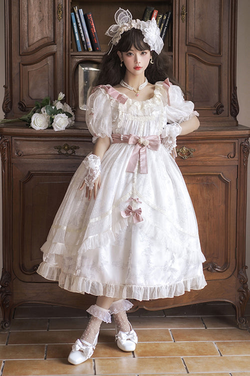 White Lace Ruffled Round Collar Short Sleeves Long Hanayome Sweet Lolita Dress - Product - 2
