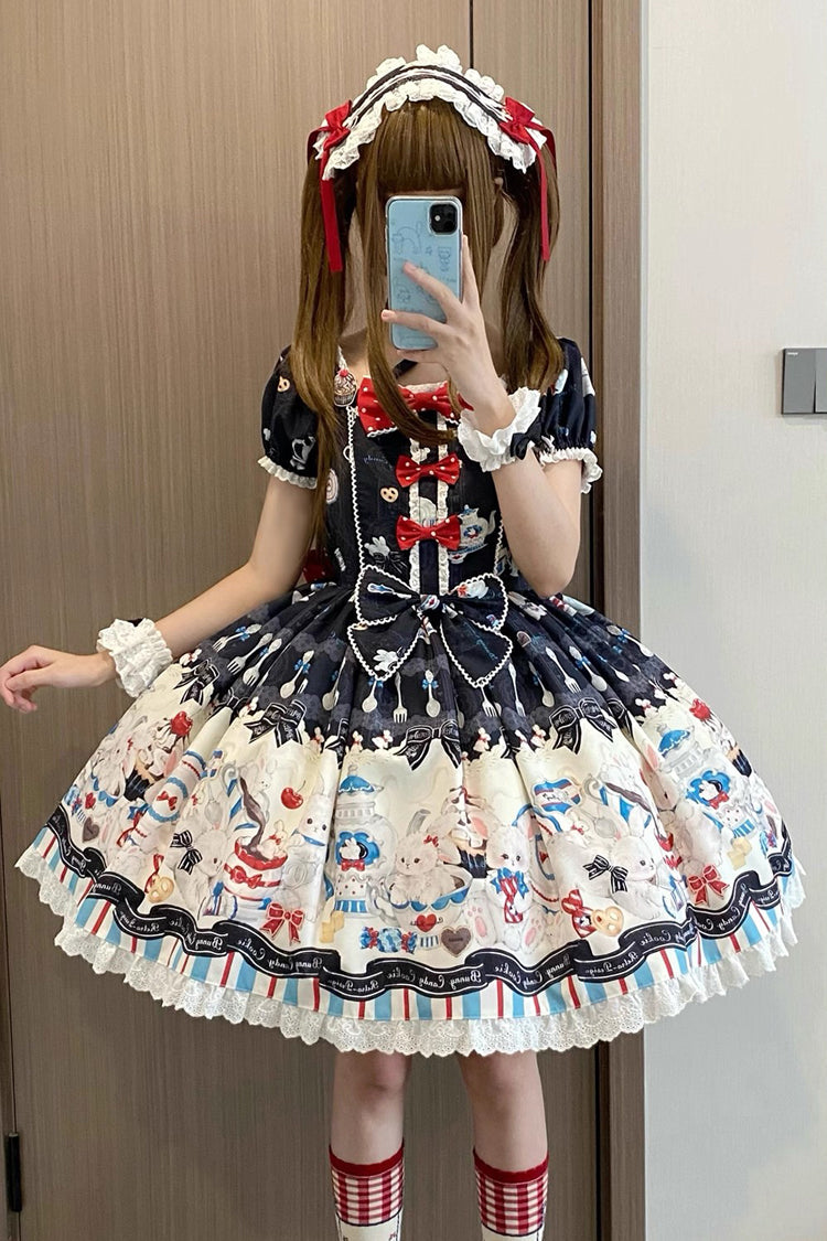 Black [Mystery Rabbit Tea Party] Square Collar Short Sleeves Print Ruffle Bowknot Lace Sweet Lolita Dress - Product - 4