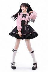 Black/Pink First Sakura Long Sleeves Multi-layer Lace-Up Sweet Jirai Kei Japanese Set - Product - 6