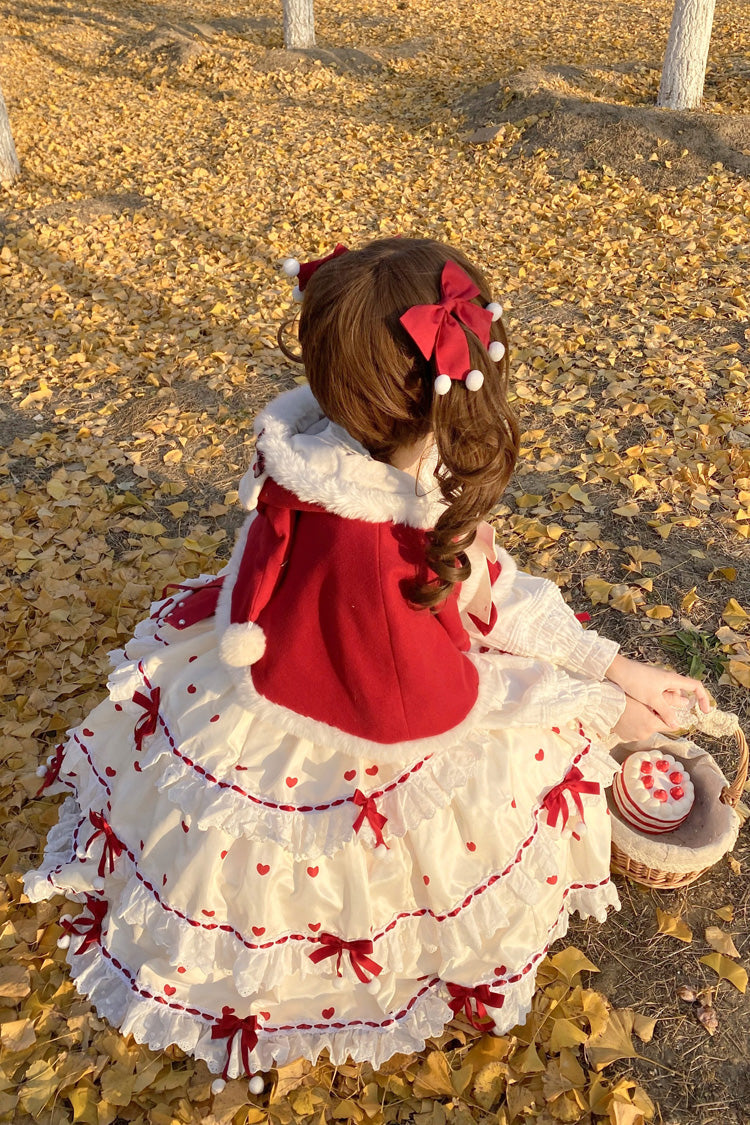 Red/Apricot Triple-Layered Print Ruffle Bowknot Lace Sweet Princess Lolita Dress Cloak Set - Product - 6