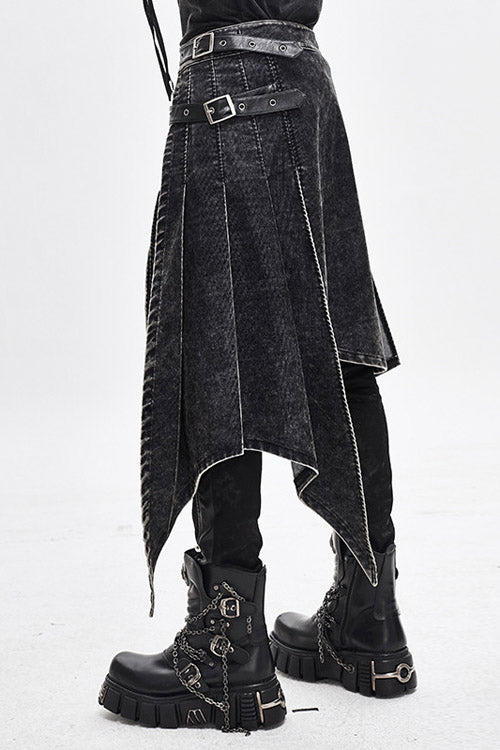Black Band Metallic Nailed Punk Rock Worn Corduroy Wrapped Mens Skirt With Loops - Product - 4