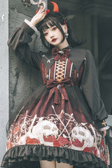 Black/Red Lapel Collar Long Sleeves High Waisted Printed Gothic Lolita OP Dress - Product - 6