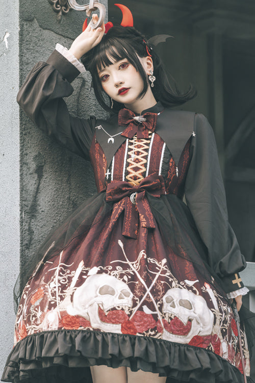 Black/Red Lapel Collar Long Sleeves High Waisted Printed Gothic Lolita OP Dress - Product - 6