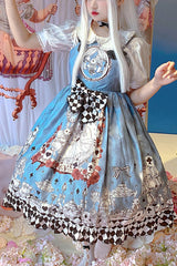 Multi-Color Blue Alice Bunny and Princess Party Print Sleeveless Bowknot Classic Gothic Lolita JSK Dress - Blue - 1