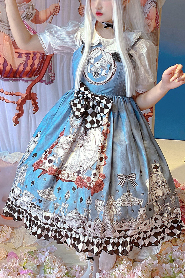 Multi-Color Blue Alice Bunny and Princess Party Print Sleeveless Bowknot Classic Gothic Lolita JSK Dress - Blue - 1