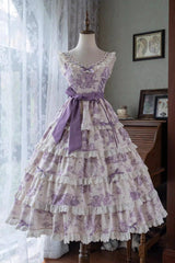 Purple [Grape Moon Almanac] Sleeveless Multi-Layered Printed Ruffled Bow Adjustable-Length Sweet Lolita Jsk Dress - Product - 2