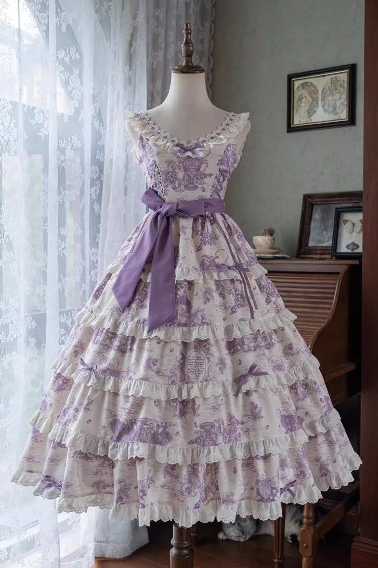 Purple [Grape Moon Almanac] Sleeveless Multi-Layered Printed Ruffled Bow Adjustable-Length Sweet Lolita Jsk Dress - Product - 2