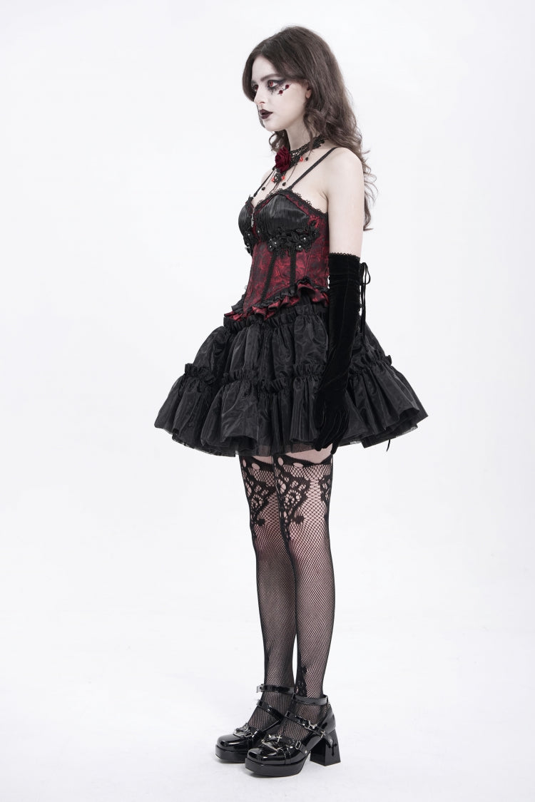 Red Sleeveless Ruffle Embroidery Lace-Up Women's Gothic Tank Top - Product - 10