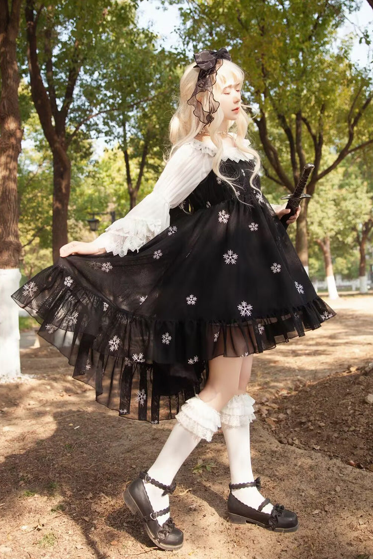 [Feather Snowflake Embroidery] Print Sleeveless Ruffle Bowknot Sweet Lolita Jsk Dress 3 Colors - Product - 10