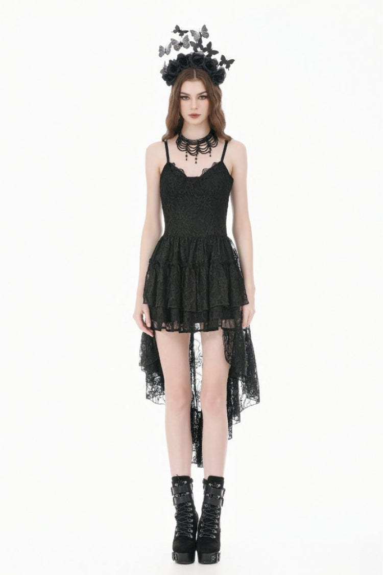 ブラック レディース ゴシック ヴィンテージ レース ティアード フリル High-Low キャミワンピース 商品画像