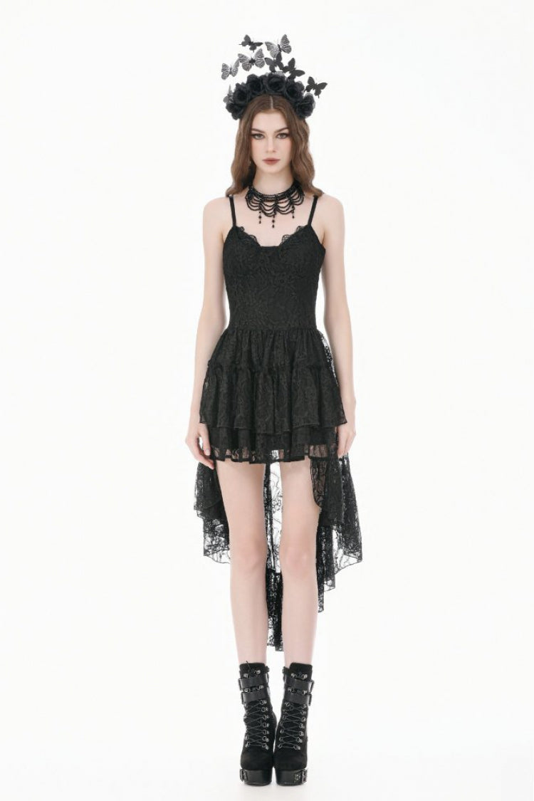 Black Women's Gothic Vintage Lace Multi-Layered Ruffled High-Low Slip Dress - Product - 6
